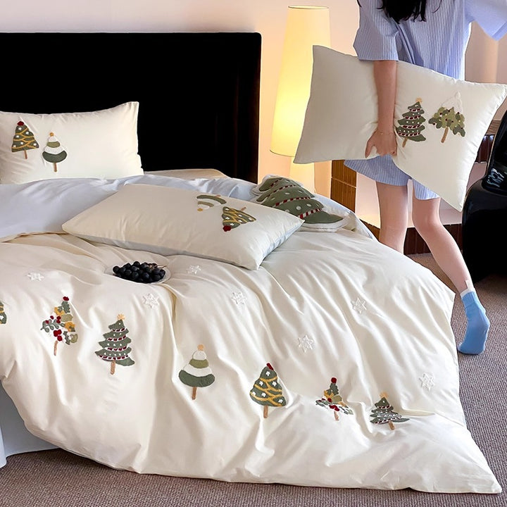 Embroidered Christmas Tree Cotton Sateen Duvet Cover Set