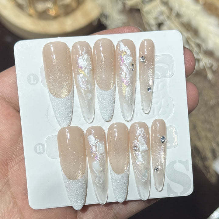 Elegant Press-On Nail Set with Floral and Gemstone Accents Stornfield