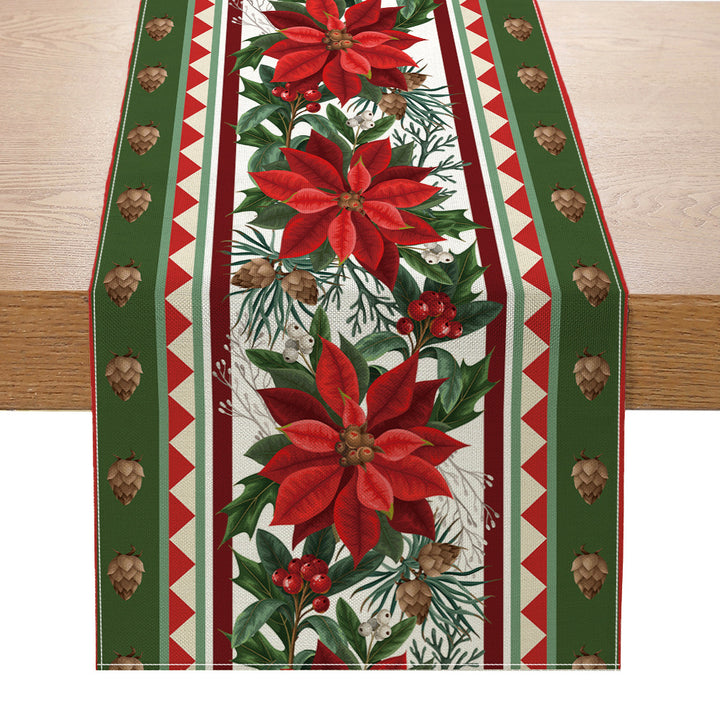 Holiday Buffalo-Check Cotton-Linen Decorative Table Runner with Golden Bells Wreath and Candy Cane Motif