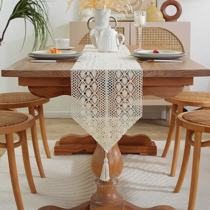 Handwoven Cotton Crochet Table Runner with Diamond Lace Pattern and Tassel Point