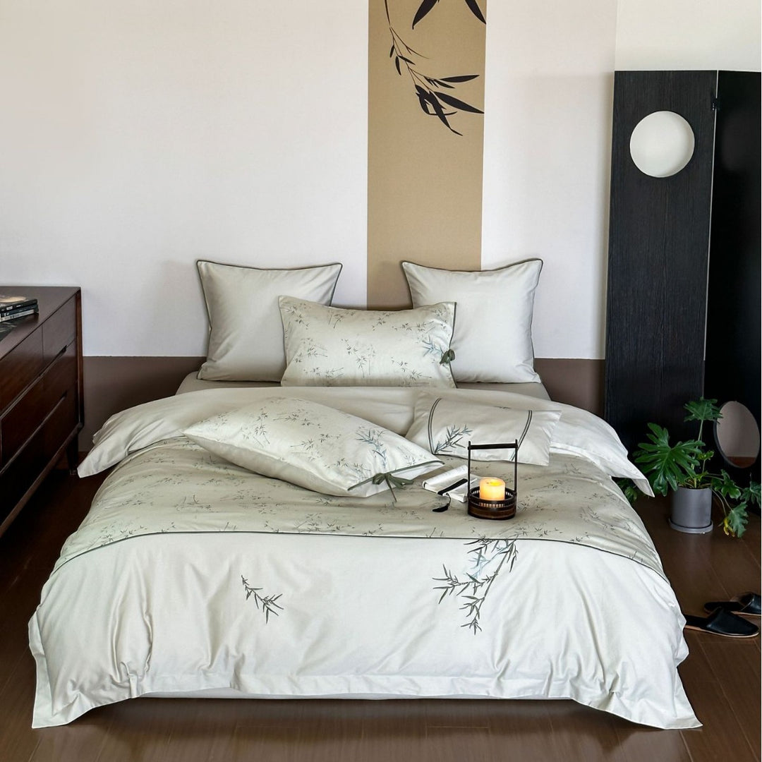 High-quality cotton satin bedding with subtle bamboo motif and piping