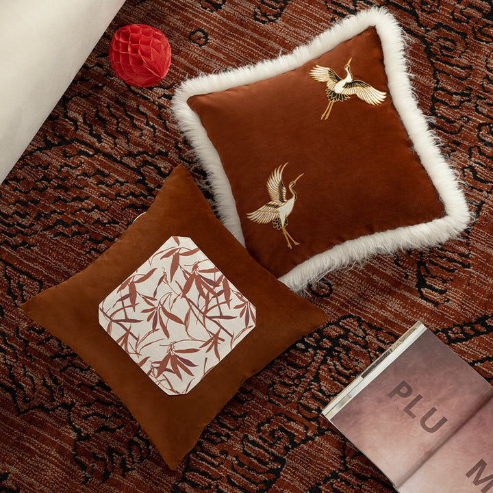 Luxurious embroidered satin pillowcase with art fur trim and crane motif Stornfield
