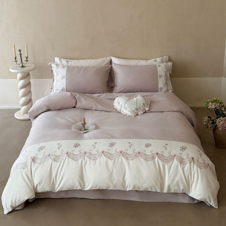 Embroidered Scalloped Lace Duvet Cover Bedding Set with Ruffle-Trim Decorative Pillow