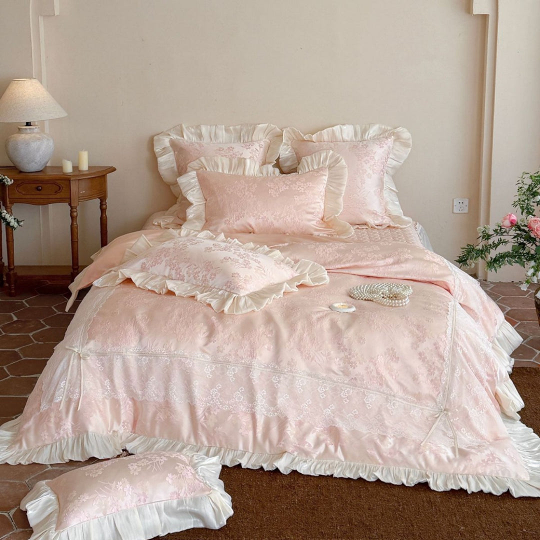 Ruffled Jacquard Floral Satin-Trim Duvet Cover & Sham Set