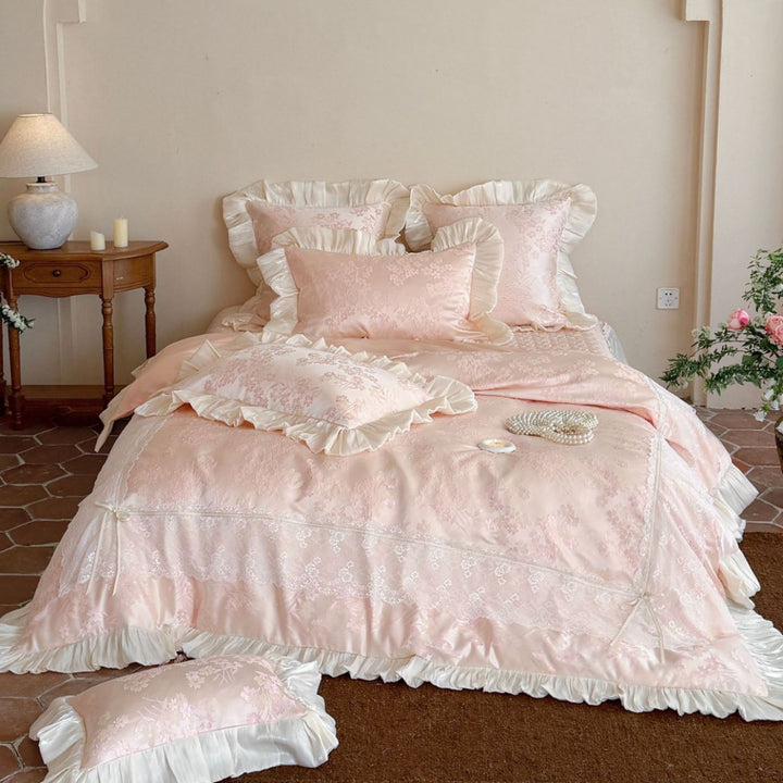 Ruffled Jacquard Floral Satin-Trim Duvet Cover & Sham Set