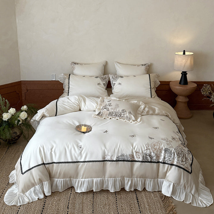 Luxury Embroidered Ruffled Cotton Sateen Duvet Cover Set