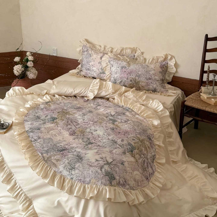 Ruffled Satin-Trim Toile Print Duvet Cover Set with Oval Center Panel