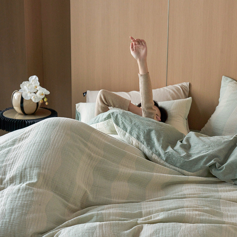 Breathable cotton muslin bedding set with a light waffle texture and reversible side