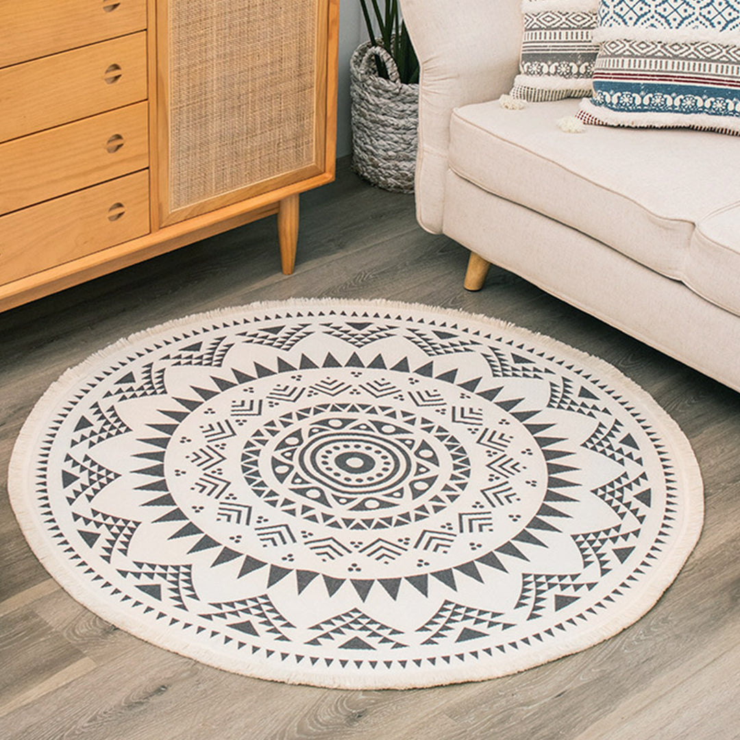 Beef Boho Cotton Rug with Mandala Print and Fringe Edge