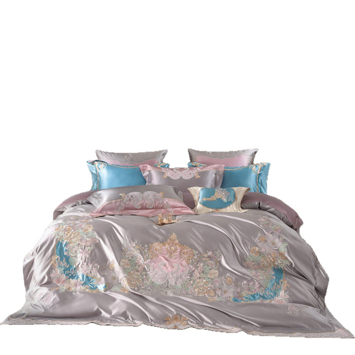 Embroidered Luxury Satin-Feel Duvet Cover Set with Hidden Zipper & Oxford Shams