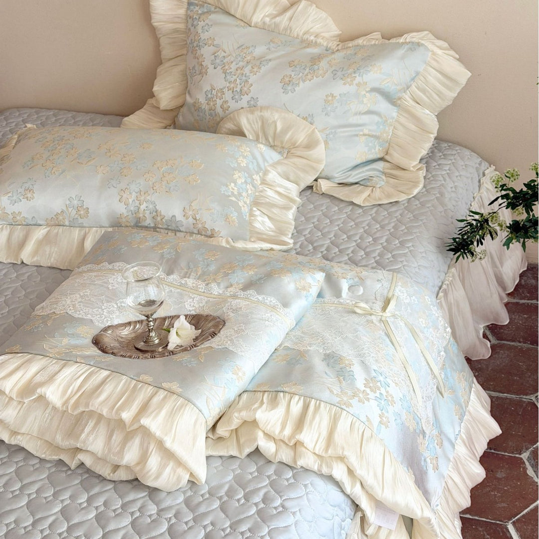 Ruffled Jacquard Floral Satin-Trim Duvet Cover & Sham Set