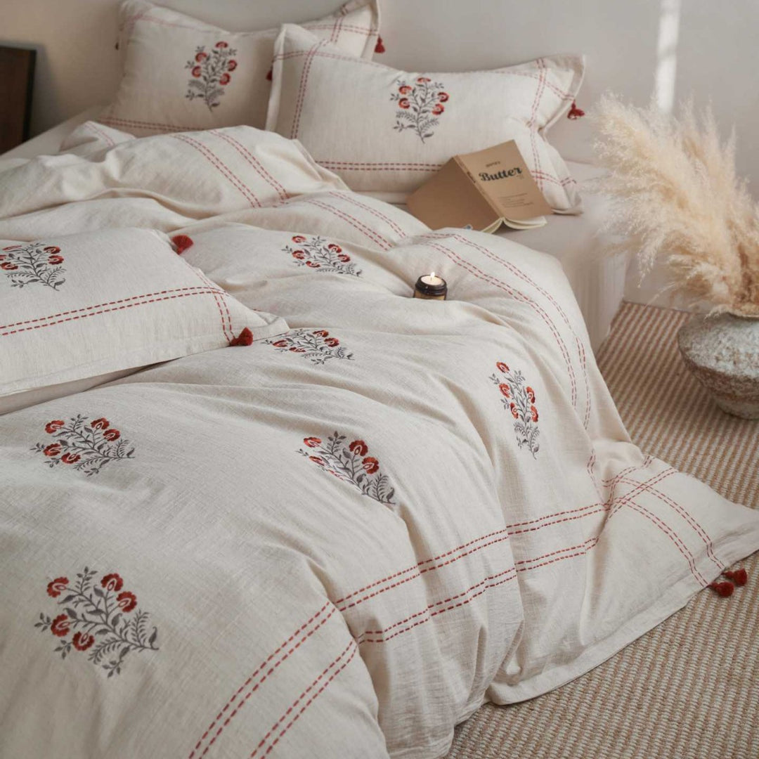 Embroidered Floral Cotton-Linen Duvet Cover Set with Tassel Corners and Decorative Pillow Shams