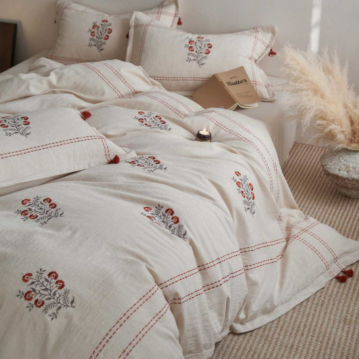Embroidered Floral Cotton-Linen Duvet Cover Set with Tassel Corners and Decorative Pillow Shams