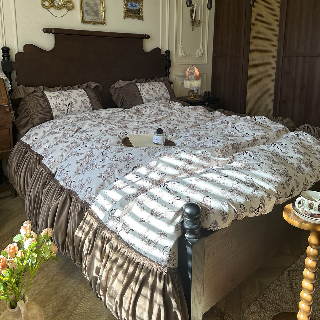 Ruffled Cotton-Blend Floral Printed Duvet Cover Set with Pillow Shams and Pleated Bed Skirt