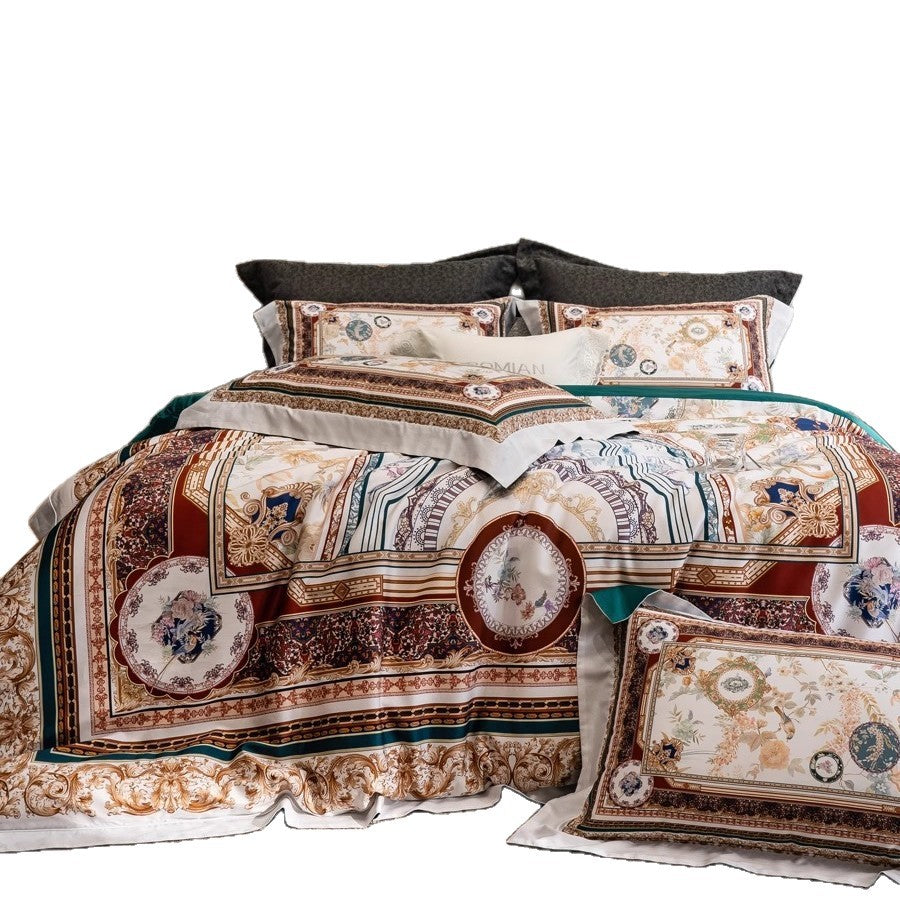 Luxury Baroque Satin-Feel Duvet Cover Set with Ornate Medallion Print