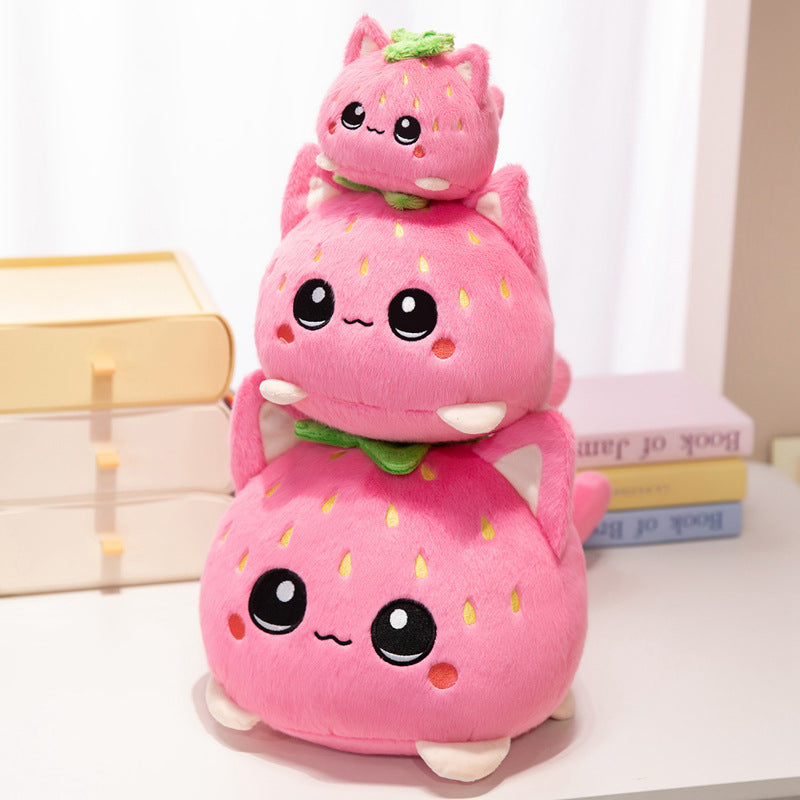 Round Strawberry Cat Plush Cushion with Embroidered Face Leaf Top & Soft Bean-Fill Stornfield
