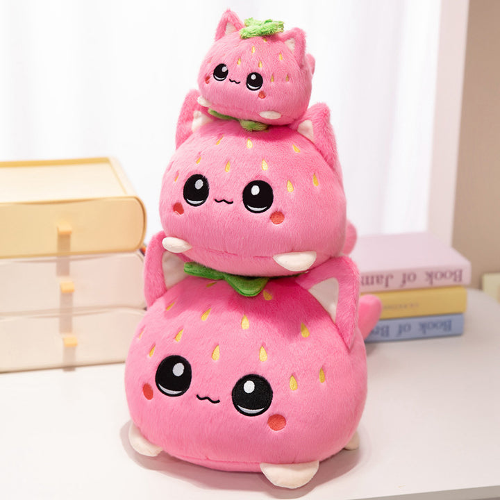 Round Strawberry Cat Plush Cushion with Embroidered Face Leaf Top & Soft Bean-Fill Stornfield