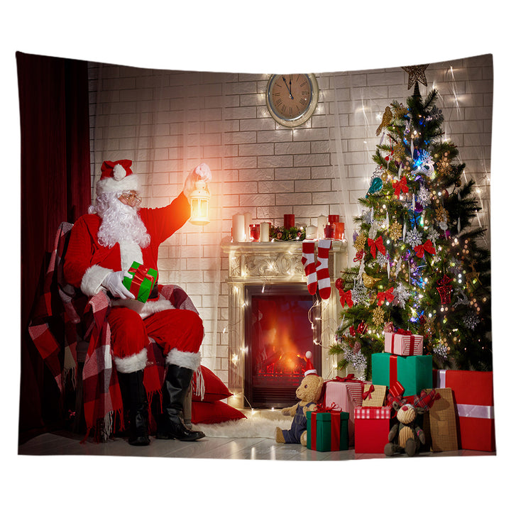 Lightweight Polyester Christmas Fireplace Scene Wall Tapestry Home Decor