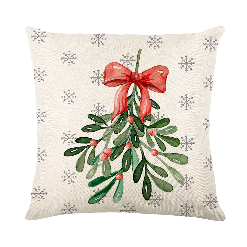 Holiday Linen Throw Pillow Cover with Merry Bright Script and Ribbon Bow Accent