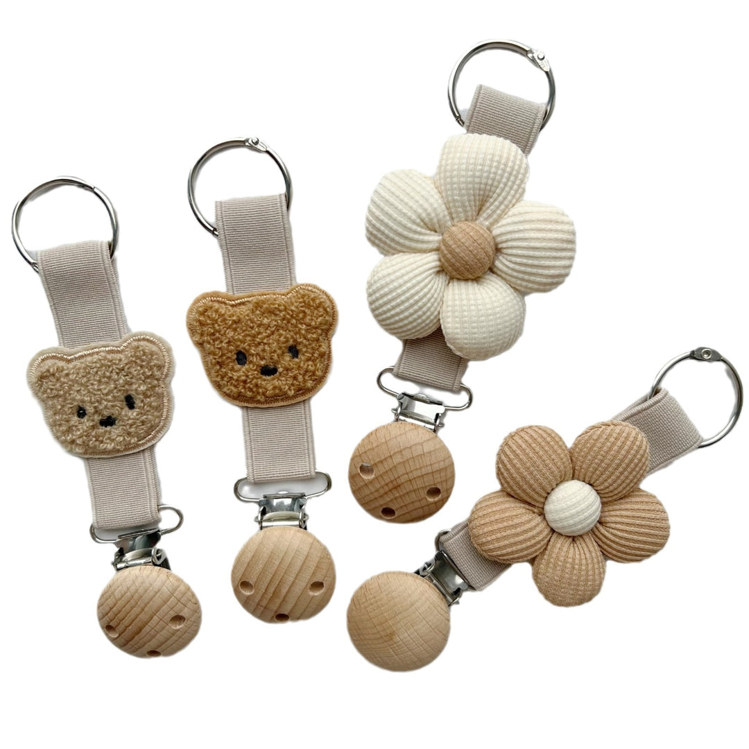 Plush Teddy Bear Pacifier and Teether Holder Strap with Wooden Safety Clip
