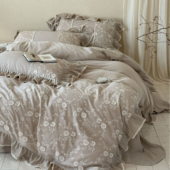 Linen bedding set with floral embroidery, ruffle and bed skirt