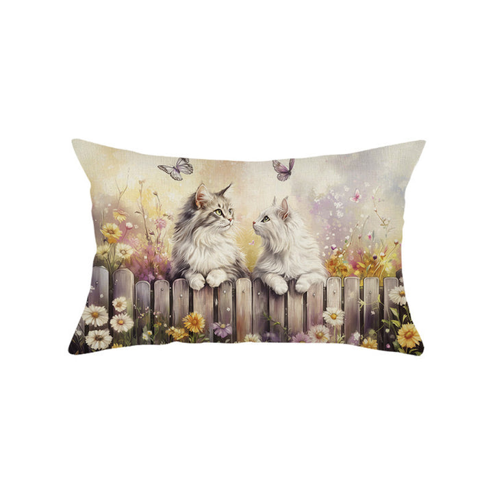 Decorative Rectangular Cotton-Linen Pillow Cover with Kitten Garden Illustration