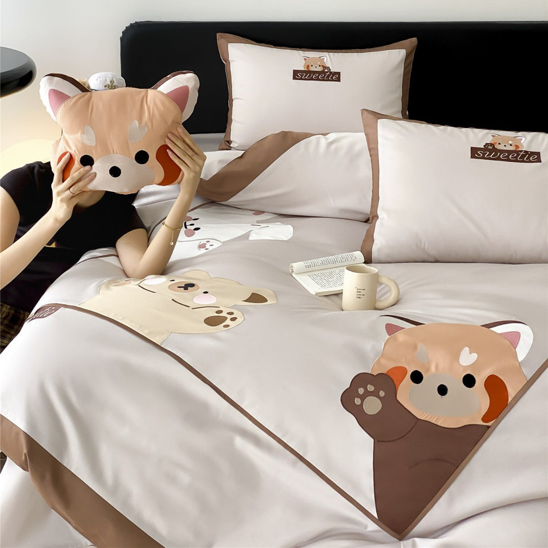 Sateen Cotton Duvet Cover Set with Cute Animal Appliqué