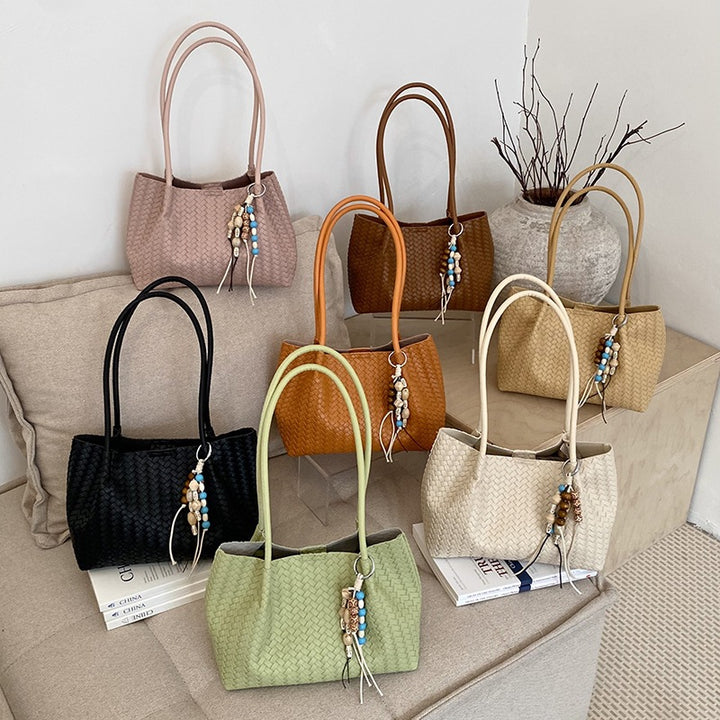 Woven Leather Tote Bag with Decorative Charms