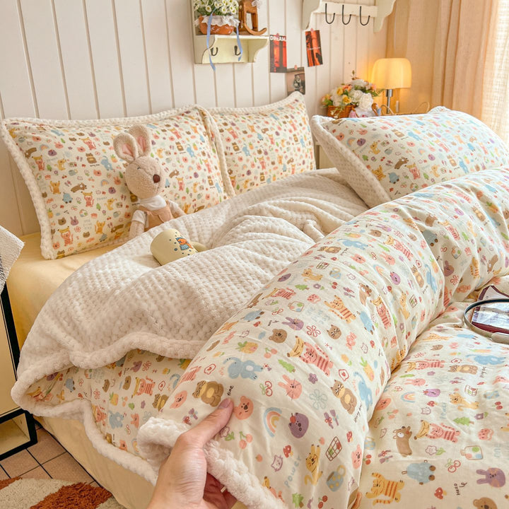 Plush Reversible Sherpa Duvet Cover Set with Quilted Waffle Comforter and Scalloped Pillow Shams