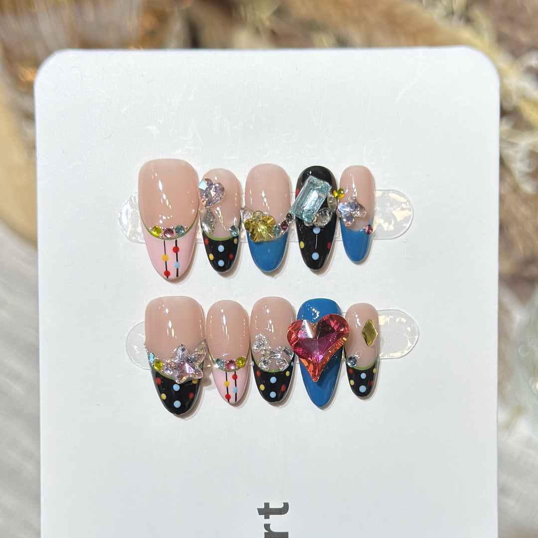 Artistic Press-On Nail Set with Colorful Jewel Accents Stornfield