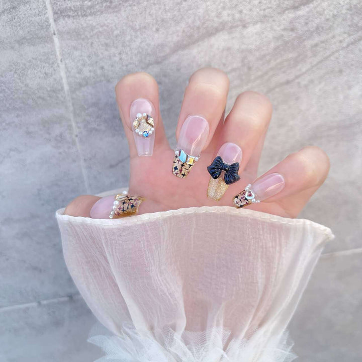 Decorative Press-On Nail Art Set with Gem Accents