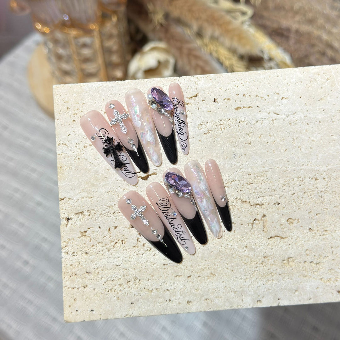 Artistic Stiletto Press-On Nail Art Set with Elegant Decorative Elements Stornfield