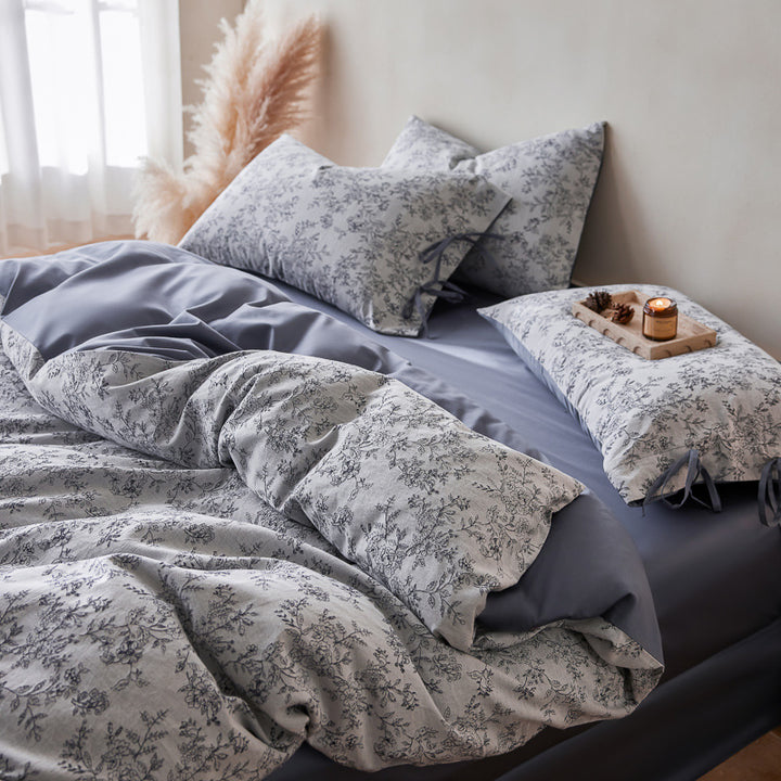 Floral Cotton Sateen Duvet Cover Set with Tied Pillow Shams