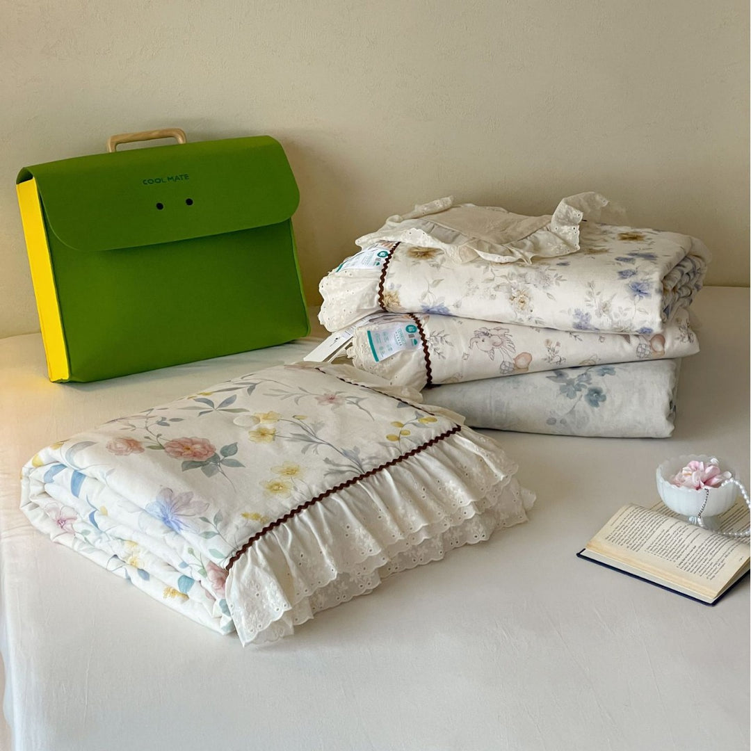 Ruffled Eyelet Floral Cotton Duvet Cover and Pillow Sham Set