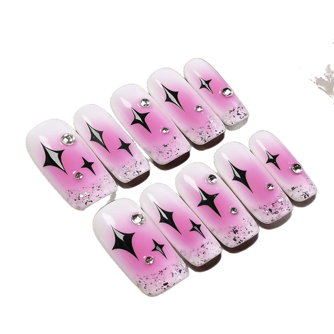 Artistic Press-On Nail Set with Gem Accents