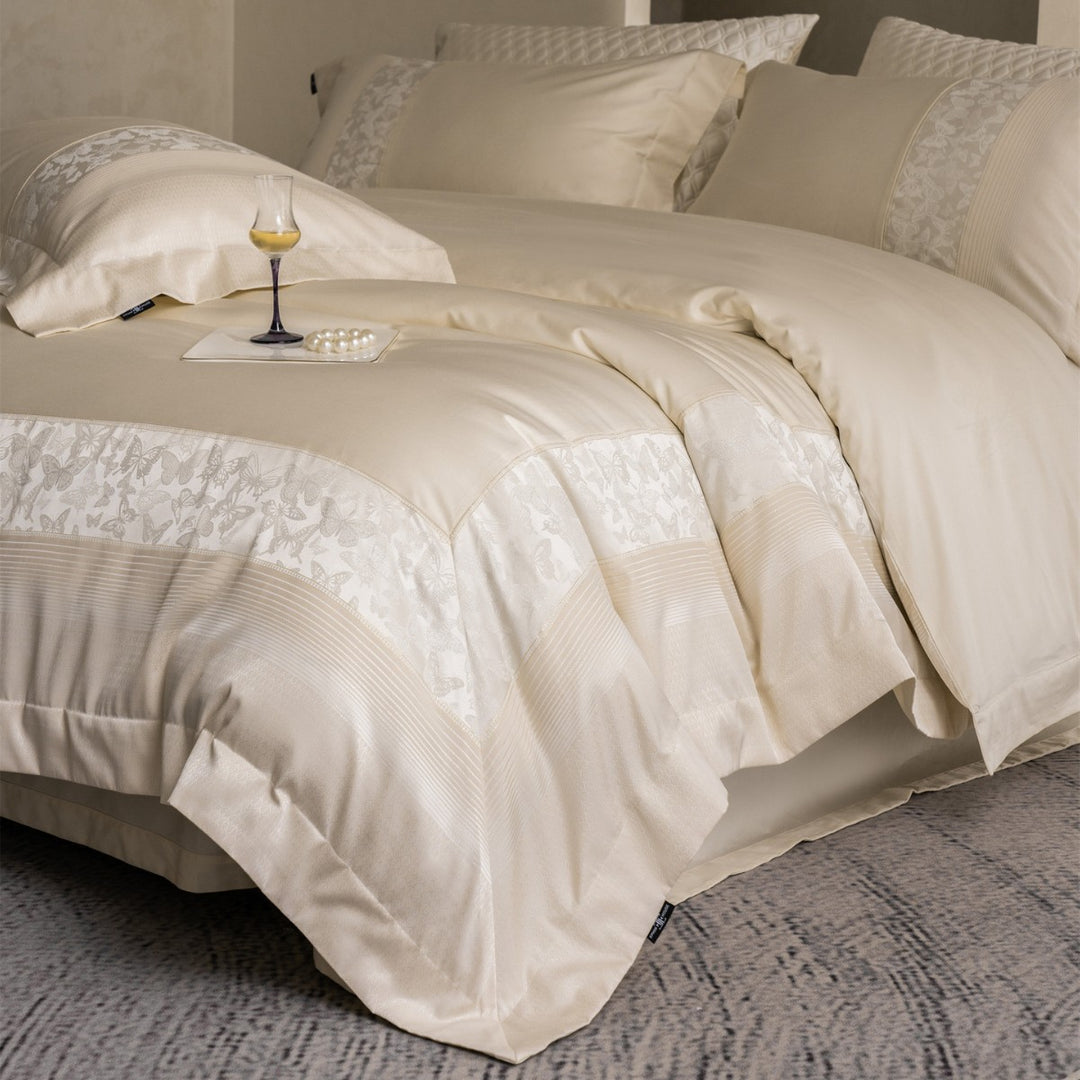 Luxury Jacquard-Trim Cotton-Sateen Duvet Cover Set with Butterfly Border & Deep-Fit Corners