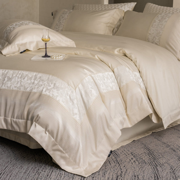 Luxury Jacquard-Trim Cotton-Sateen Duvet Cover Set with Butterfly Border & Deep-Fit Corners