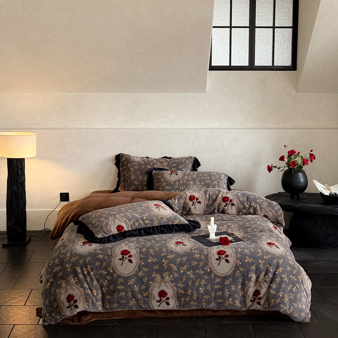 Plush Reversible Floral Fleece Duvet Cover and Pillowcase Set