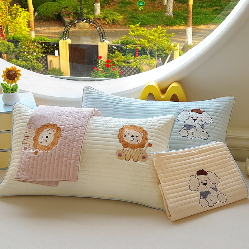 Quilted Cushion Cover Set with Embroidered Dog Design and Velvety Handle