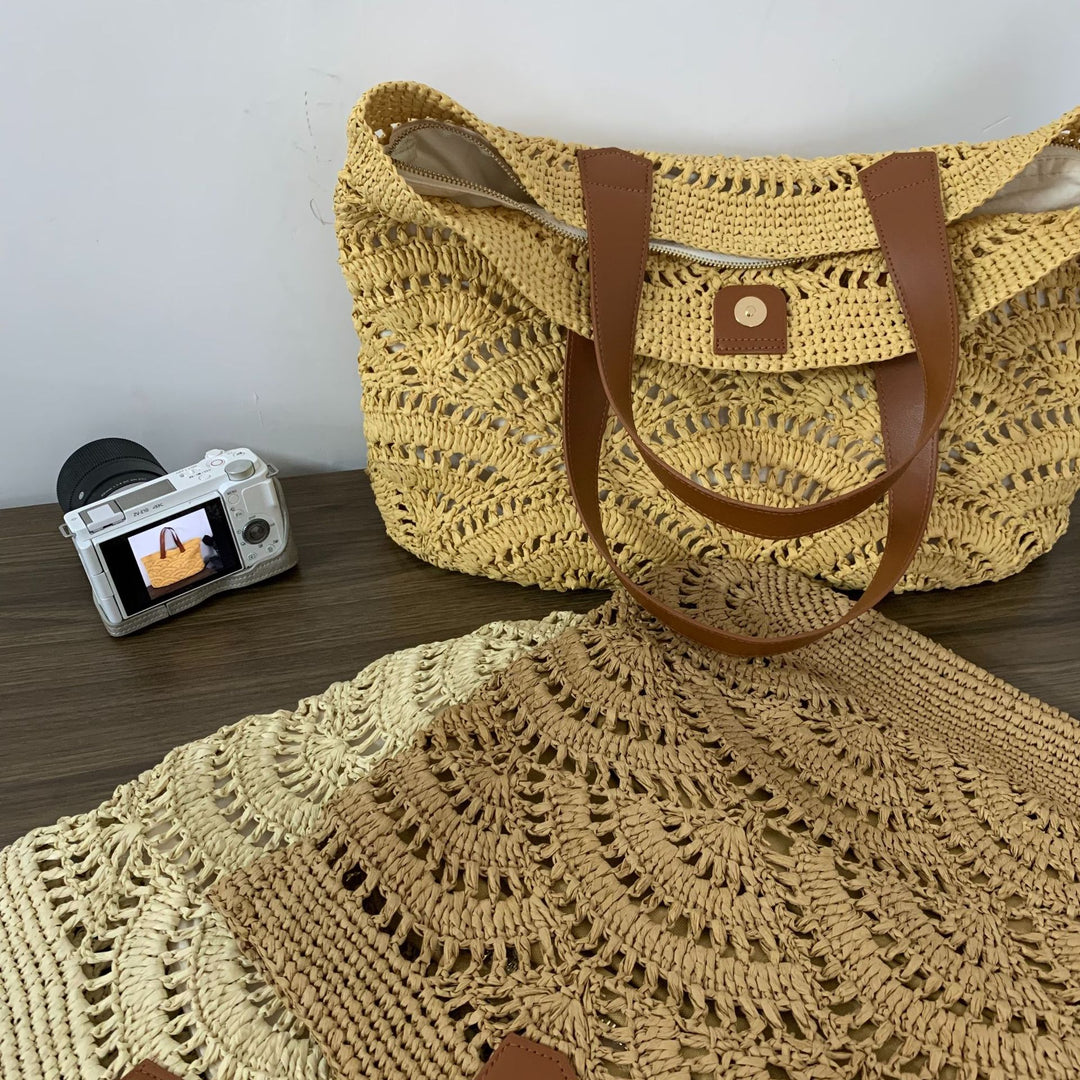 Handbag made of high-quality woven natural material with elegant leather handles Stornfield
