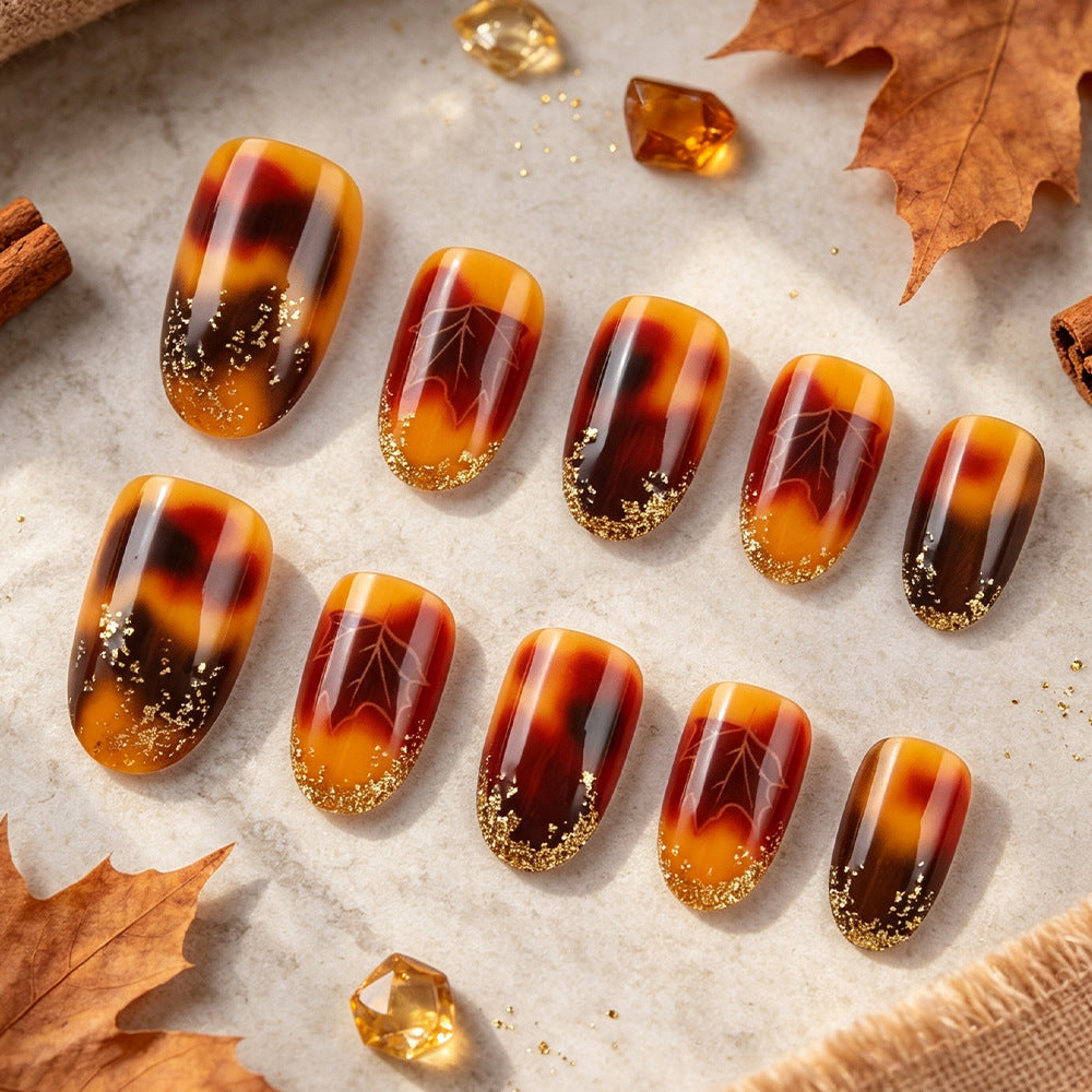 Artistic Press-On Nail Set with Autumn Leaf Design Stornfield