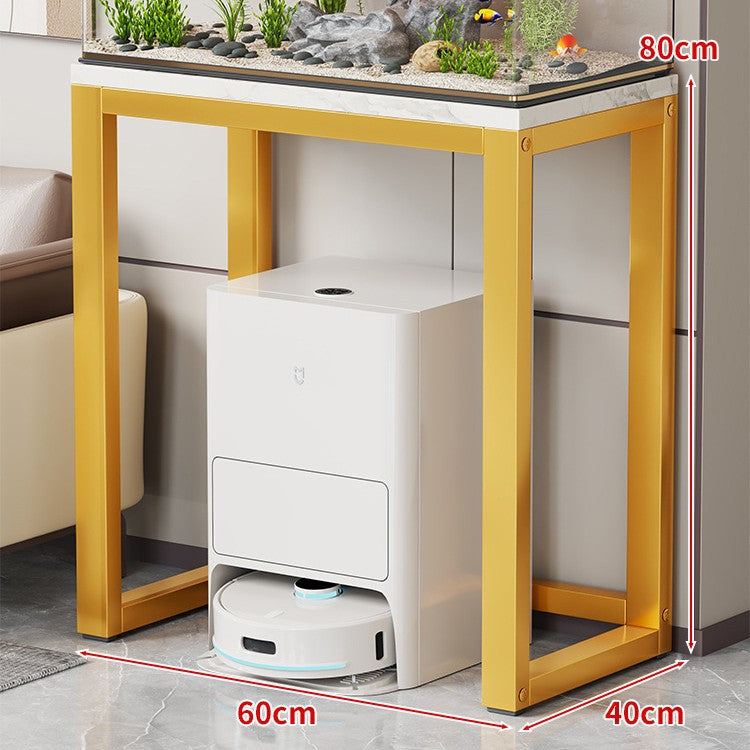 Gold Metal Aquarium Console Table with Faux Marble Top and Robot Vacuum Storage