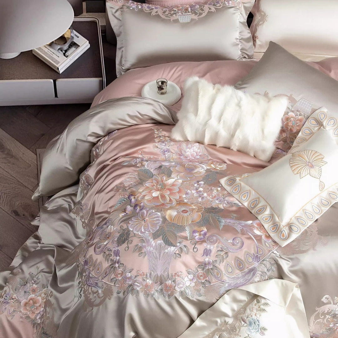Embroidered Satin Silk Floral Duvet Cover Bedding Set with Decorative Pillow Shams