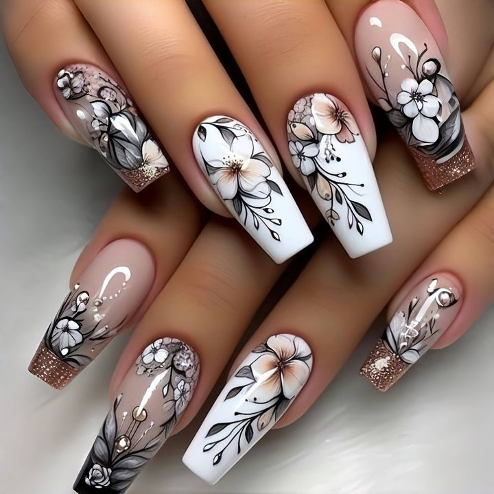 Art Nail Set with Artistic Floral Decorations Stornfield