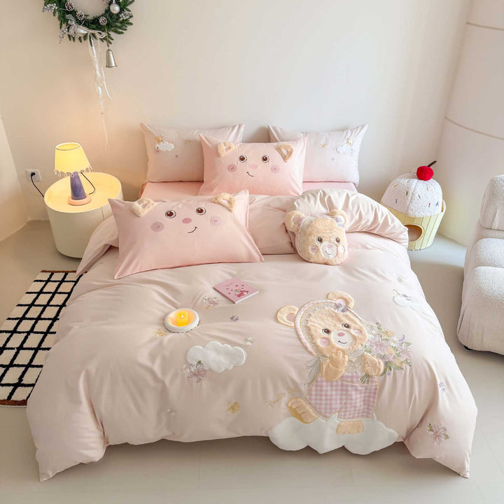 Teddy Appliqué Cotton Sateen Duvet Cover Set with Plush Ear Pillowcases