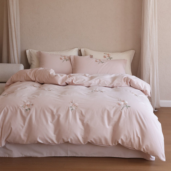 Embroidered Rose Cotton-Sateen Duvet Cover Set with Pillow Shams