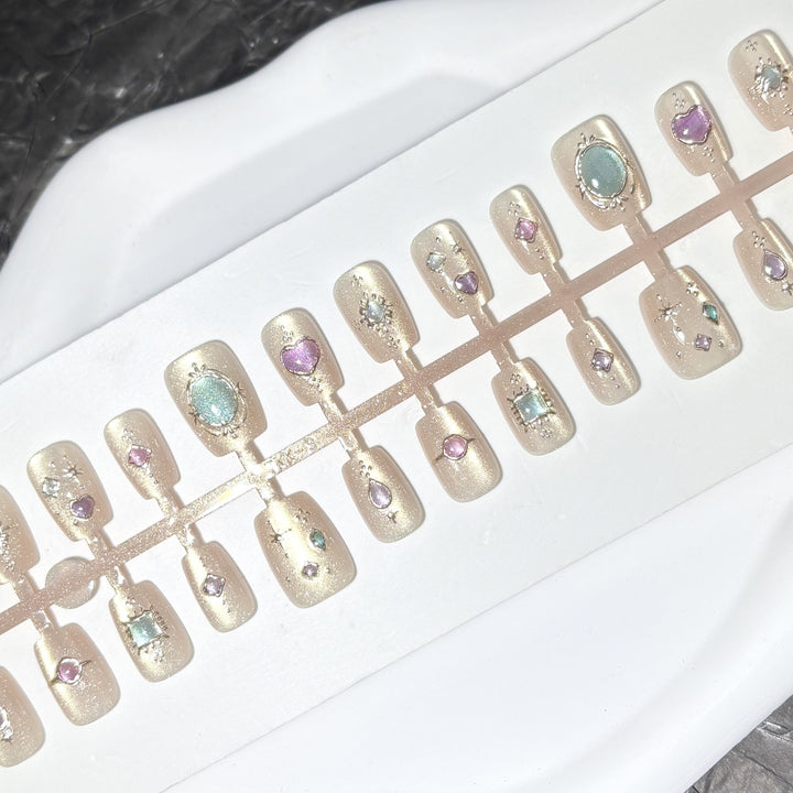 Decorative Press-On Nail Set with Gemstone Accents
