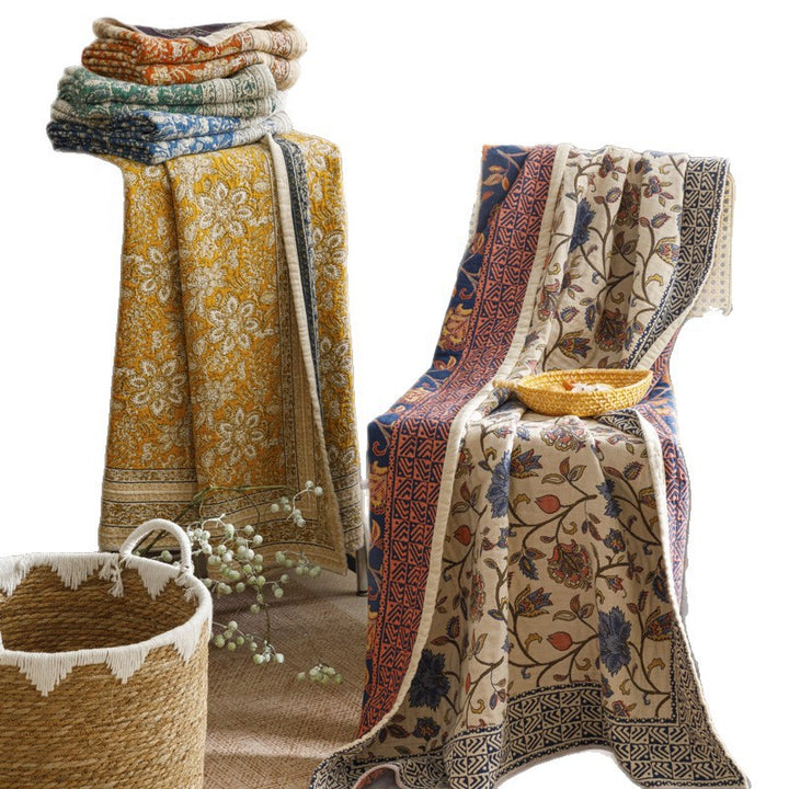 Reversible Quilted Kantha Throw Blanket with Floral Block Print