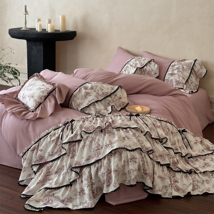 Ruffled Toile Floral Duvet Cover Set with Layered Ruffle Bed Skirt & Decorative Shams