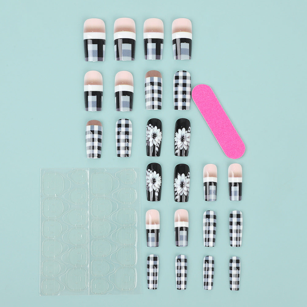 Creative artificial nails with stylish checkered patterns and floral design Stornfield